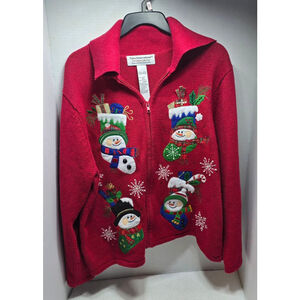 Women's Tiara International Red Christmas Snowman Cardigan XL